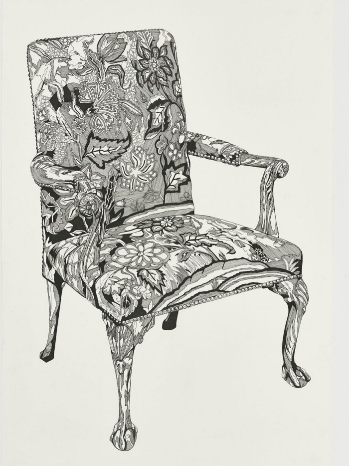 The chair has a floral pattern