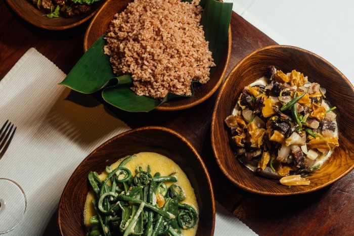 From top: toh marp red rice, sikam shukam datcshi and olatshey (braised pork whith dried white chillis and wild orchids) and nakey datshi (fiddle-head ferns with cheese