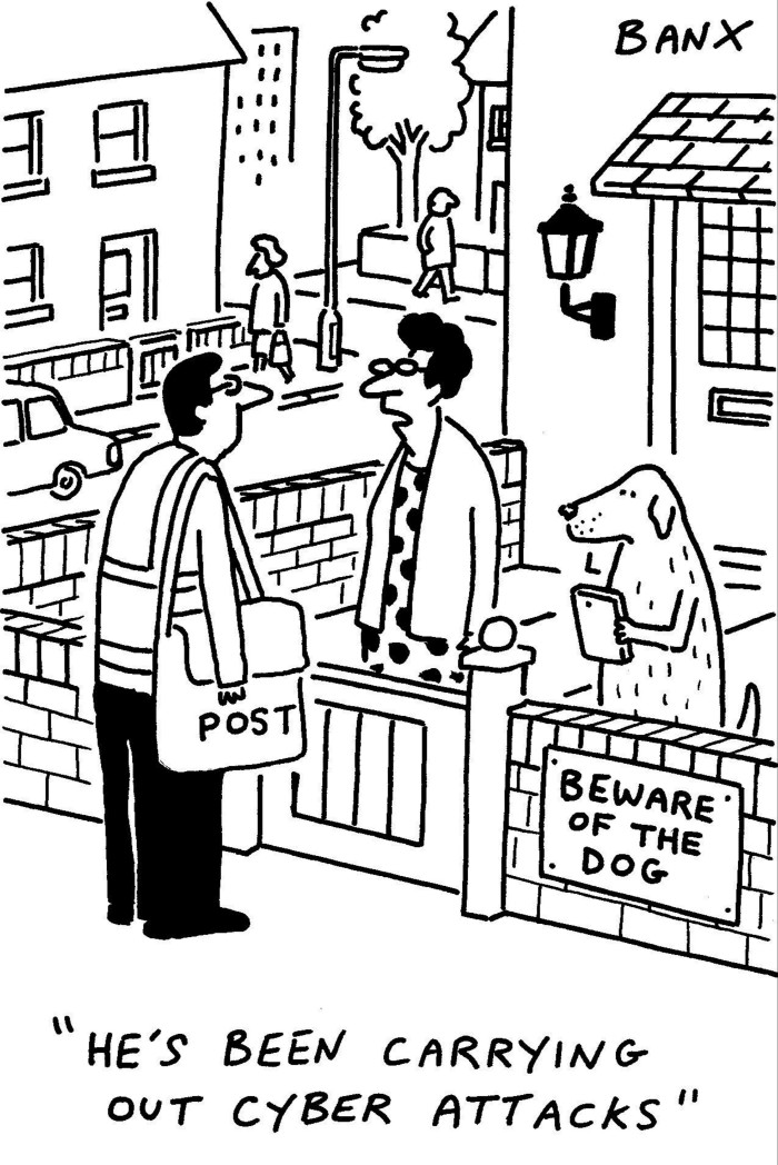 Cartoon of a postman talking to a homeowner, as a dog nearby stands on its hind legs 