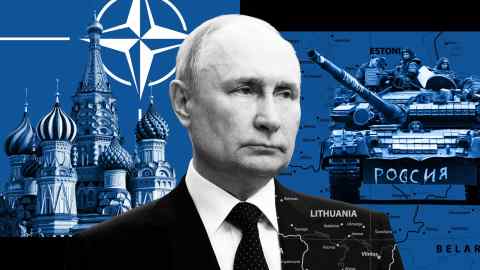 Montage image of a tank, Red Square, the Nato logo and Vladimir Putin