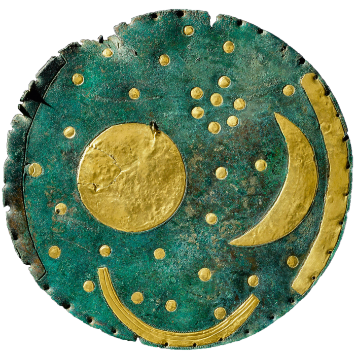 Nebra Sky Disc, Germany, dating from c1600BC, also at the British Museum