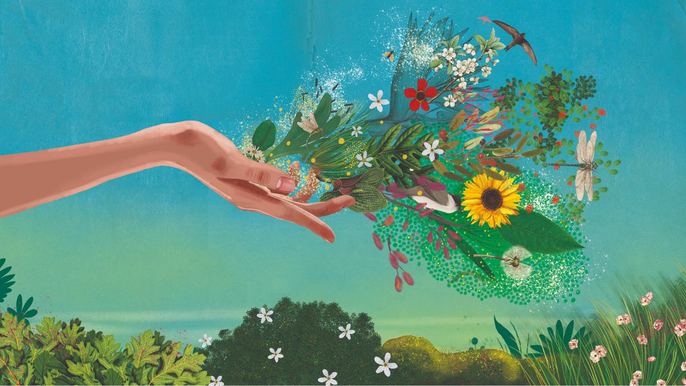 A hand is grasping a cluster of vibrant flowers, surrounded by a variety of insects