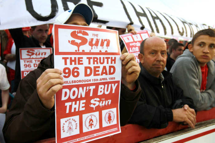 Liverpool football fans protesting agains the Sun after its coverage of the Hillsborough disaster