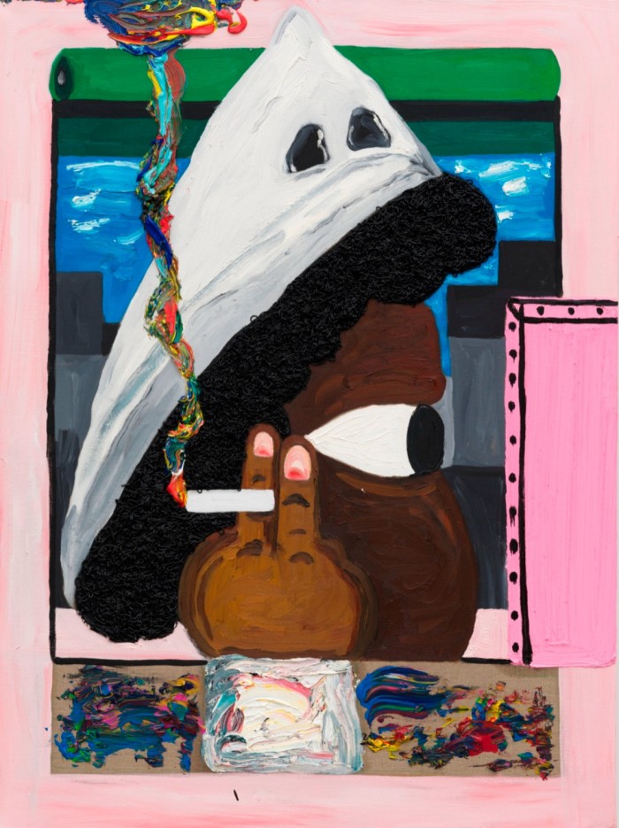 Painting of a black man smoking and wearing a Ku Klux Klan hood