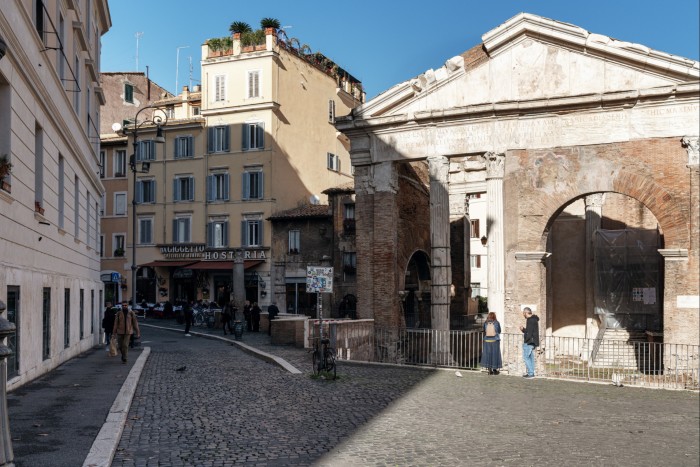 Houses and an ancient ruined building in Rome’s Jewish Ghetto