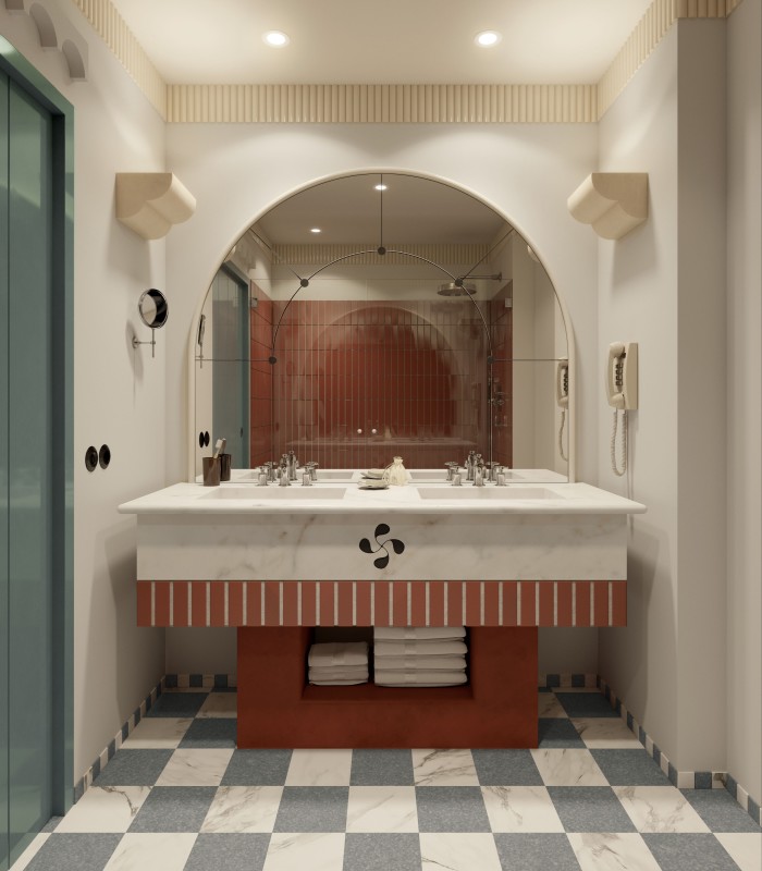 A render of a bathroom at the hotel