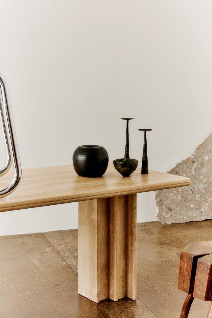 Brutalist candlesticks, £320, marble bowl, £260, and Ciro Beesel ceramic sculpture, £280, monumentstore.co.uk