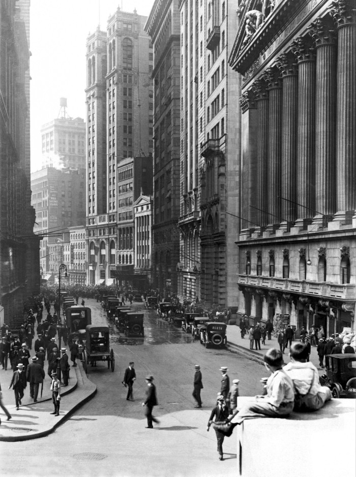 Looking south down Broad St, in the heart of the financial district, with the New York Stock Exchange at the right, New York, New York, January 16, 1924