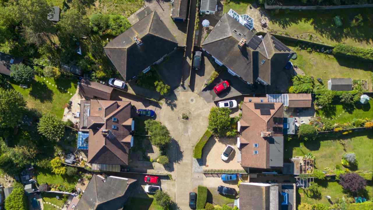 An aerial view of a housing development