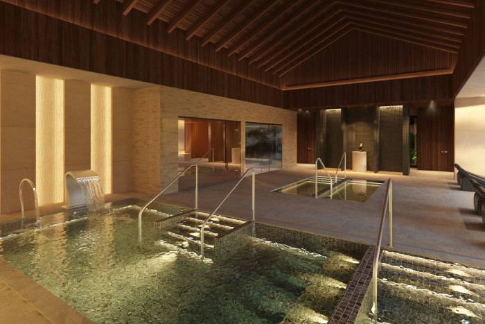The spa has hot and cold plunge and jet pools