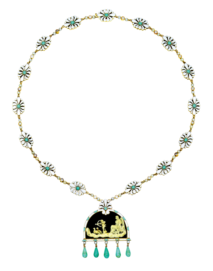 c1920 Cartier enamel, bone, diamond and pearl necklace, sold for about £30,000 at Sotheby’s