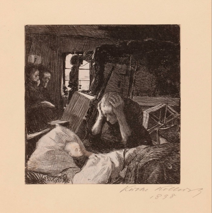 In a black-and-white lithograph, a middle-aged woman holds her head in her hands while staring blankly at a child lying dead in bed.