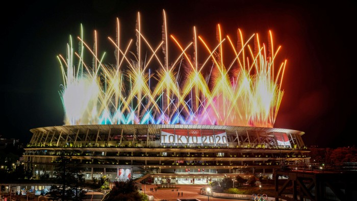 Fireworks are set off over National Stadium during the closing ceremony of the 2020 Tokyo Olympics