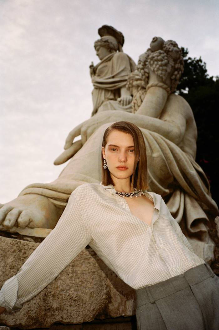 Dior silk shirt, £1,503 and wool trousers, £1,093. Bulgari Barocko High Jewellery white gold, onyx, pearls and diamond Hypnotic Pearls’ earrings, matching necklace and bracelet, all POA 