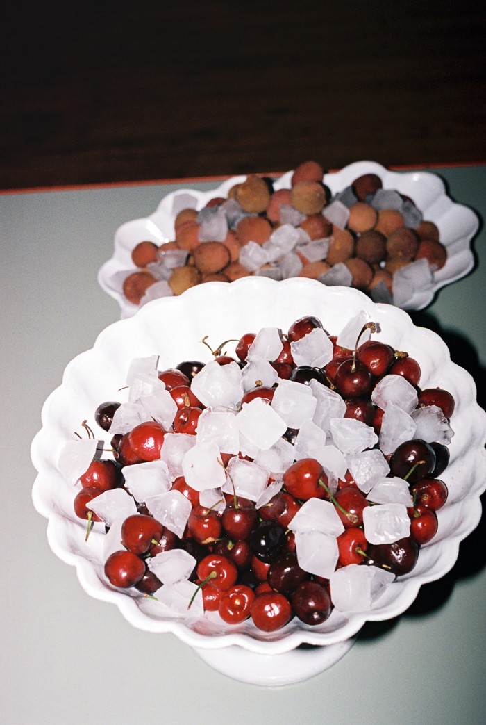 For dessert, lychees and cherries on ice