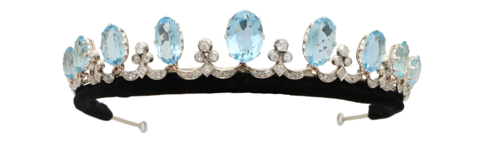 Art deco aquamarine and diamond tiara necklace, £650 a day, susannahlovis.com