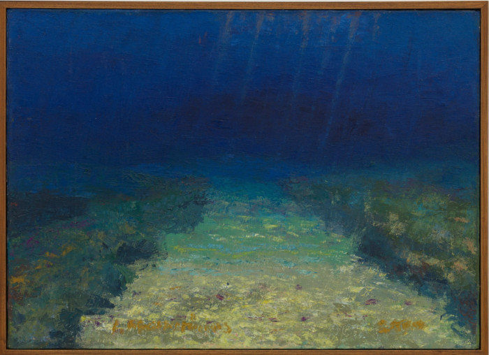 In a painting, a dimly lit scene shows what looks like a mossy, green seabed thriving underneath deep blue water.