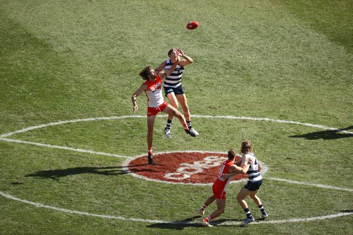 Players on the pitch in the 2022 AFL Grand Final between the Geelong Cats and the Sydney Swans at the Melbourne Cricket Ground