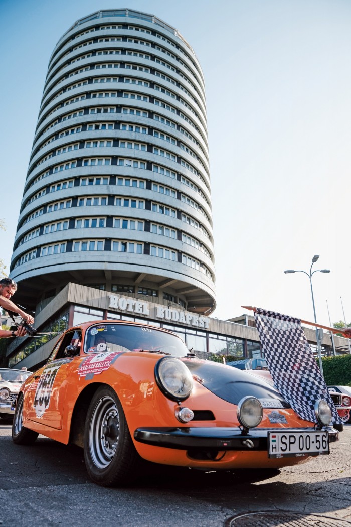 A former rally-racing Porsche 356 on the Great Balkan Rally start line in Budapest