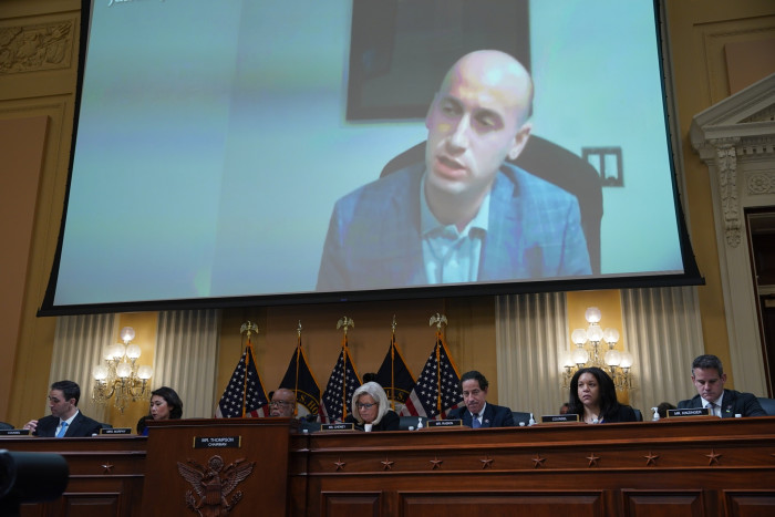 Footage of Stephen Miller, a former senior Trump adviser, is played during a committee hearing into the January 6 attack on the US Capitol