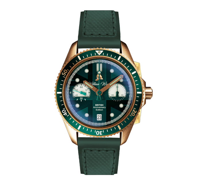 watch with a British racing green metallic shimmer dial etched with the Union Jack flag