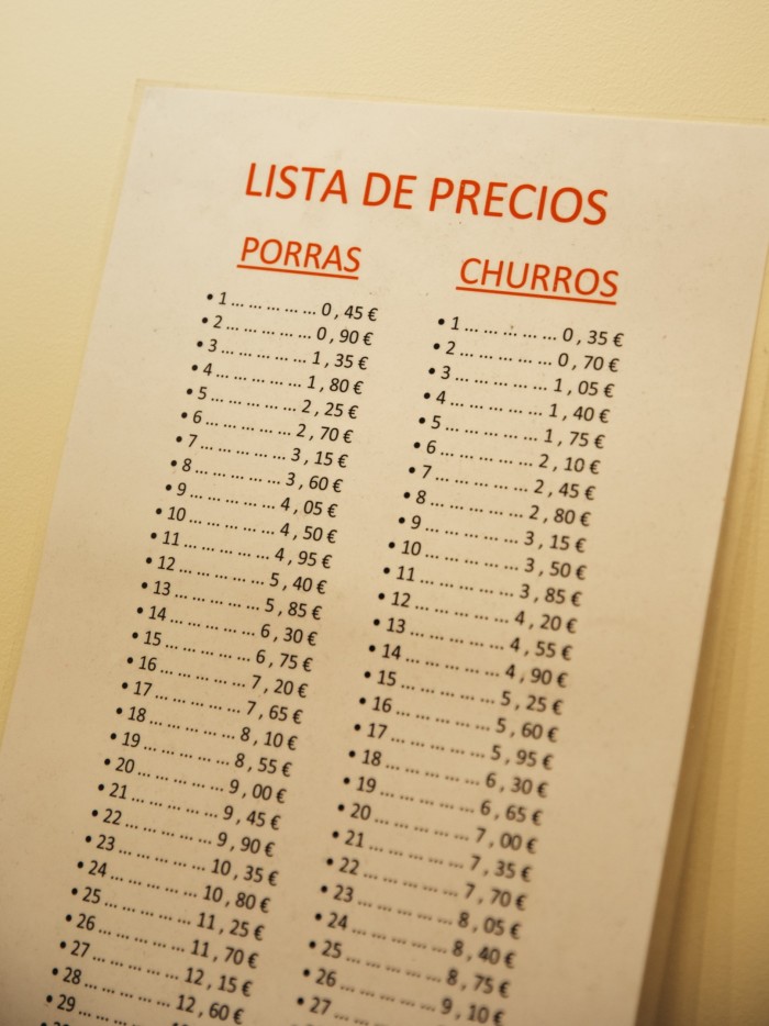 The price list at the family-run Churrería Santa Theresa . . . 