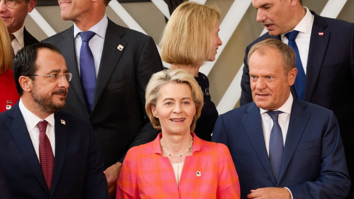 Ursula von der Leyen, centre at the Brussels with the bloc’s heads of government