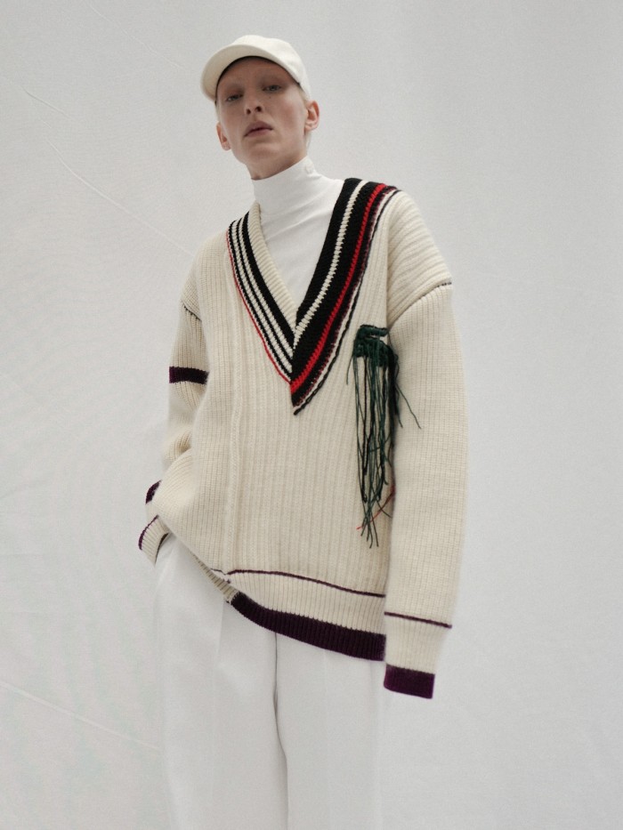 Lacoste oversized sweater, £680, poloneck, £120, and trousers, £410