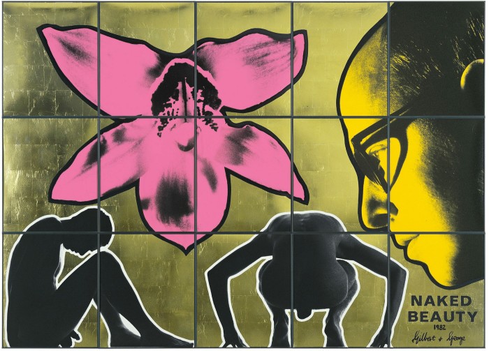 A man with a yellow face looks at the silhouettes of two naked men on a gold background. There is also a large pink orchid