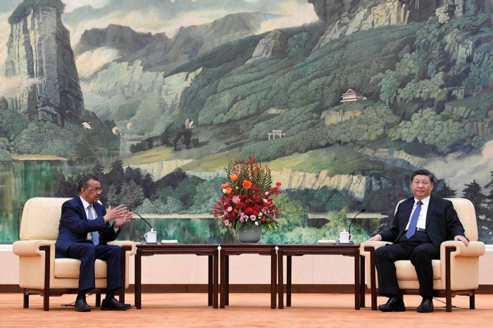 WHO director-general Tedros Adhanom Ghebreyesus meeting Chinese president Xi Jinping on January 28 in Beijing. Mr Tedros praised ‘the seriousness with which China is taking this outbreak’.