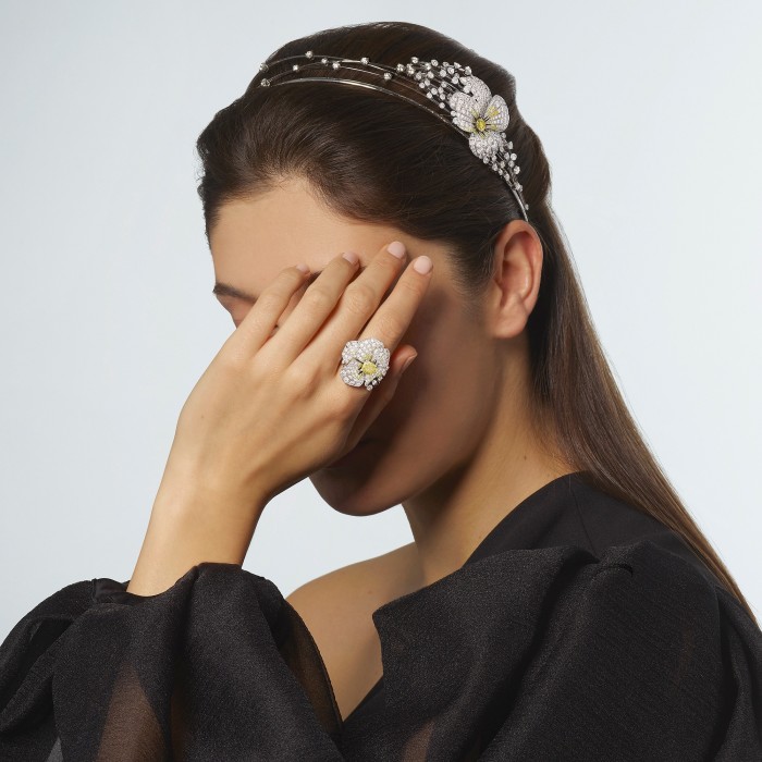 Chaumet white-gold, white- and yellow-diamond Pensée tiara, POA, and white-gold, white- and yellow-diamond Pensée ring, POA