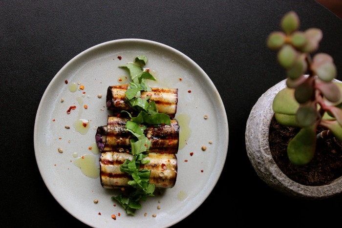 Grilled aubergine with basil and coriander seeds at Spry