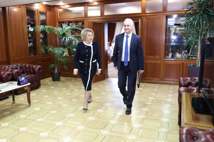 Valentina Matviyenko, speaker of Russia’s upper house of parliament, walks withand Andrei Belousov, who now overseess the country’s $117.2bn in defence spending