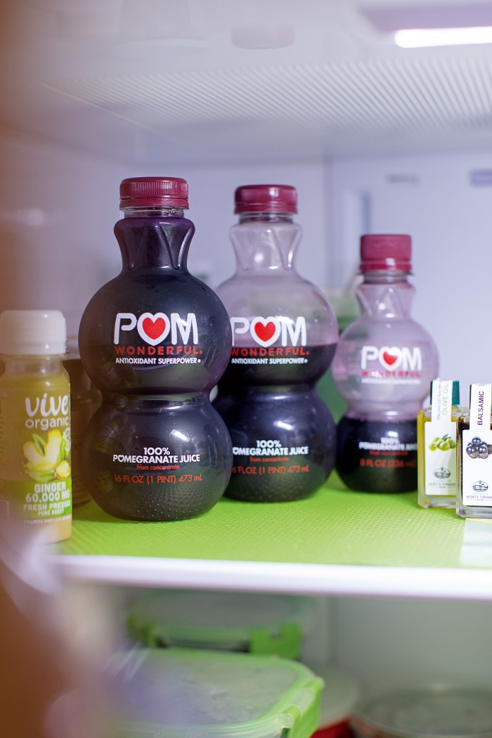 Pomegranate juice and ginger shots are perennials in his fridge