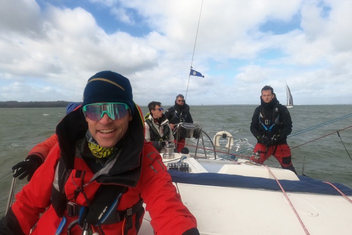 From left: Tarquin Cooper, Ben Richardson, skipper Charles Bull and Alistair Redhouse aboard Unruly, competing in the JOG Raymarine Lonely Tower race in March 2023 – a precursor to the Rolex Fastnet in July