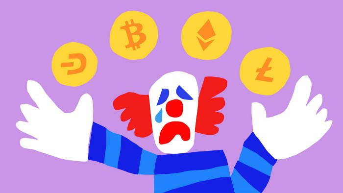 Ben Hickey illustration of a confused clown trying to juggle crypto coins 