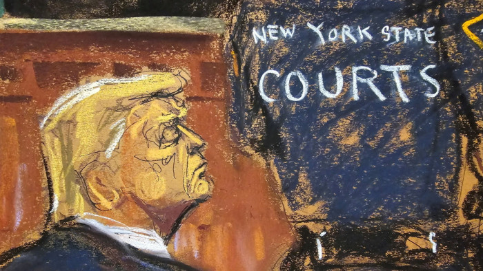 Illustration of Donald Trump’s reaction as the verdict is read in his criminal trial over charges that he falsified business records to conceal money paid to silence porn star Stormy Daniels