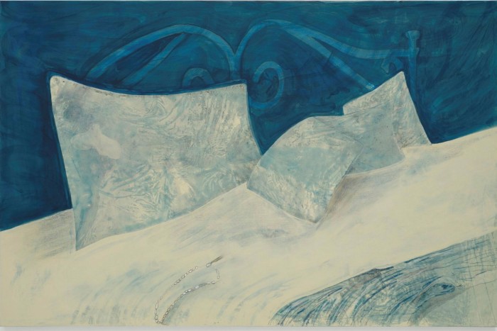 A painting depicts the pillows, duvet and pearl necklace placed on a bed, all rendered in white and light blue tones against a blue background