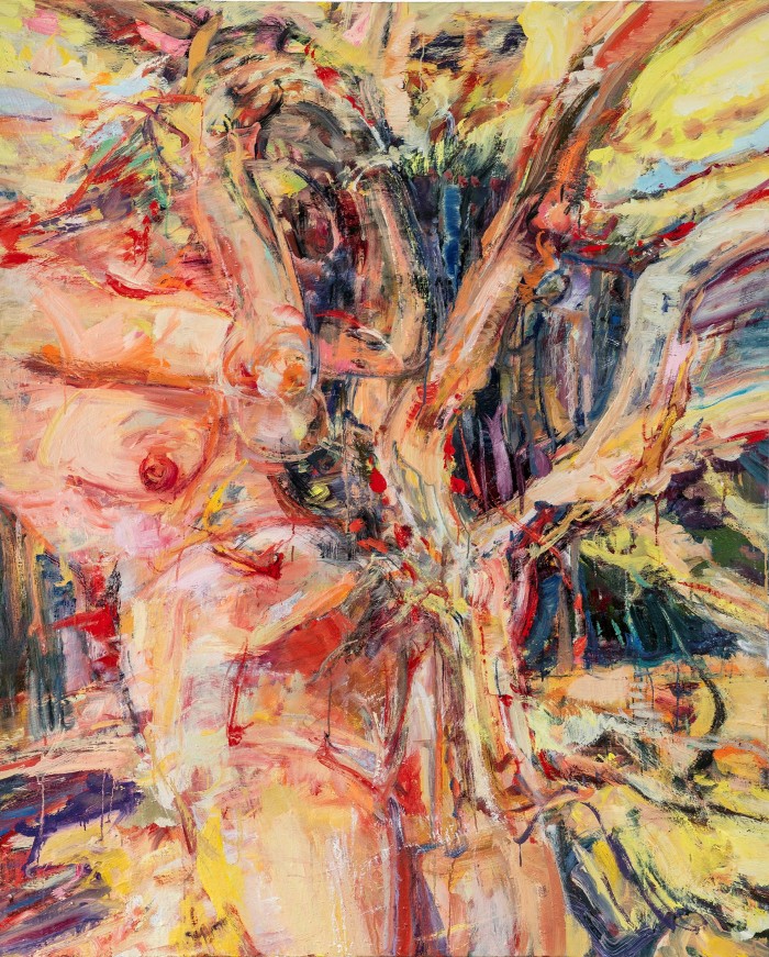 Oil painting where it looks like a tree is exploding out of a woman’s body