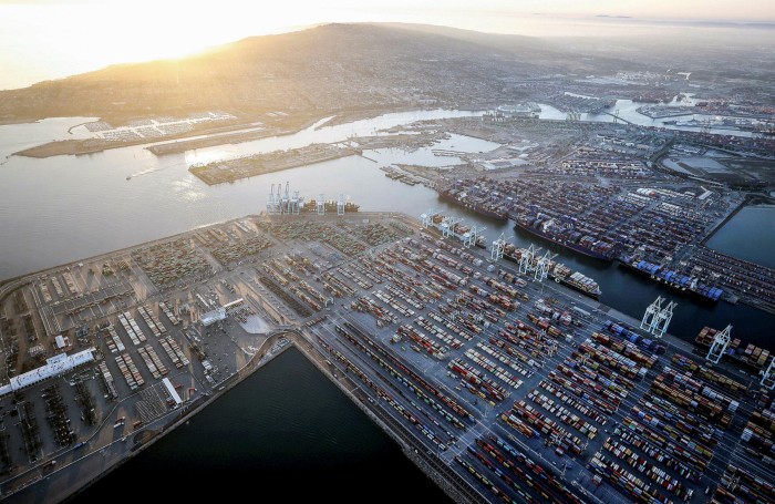 Shining sea: ports on the US west coast — such as Los Angeles, seen here — have been dealing with record amounts of cargo