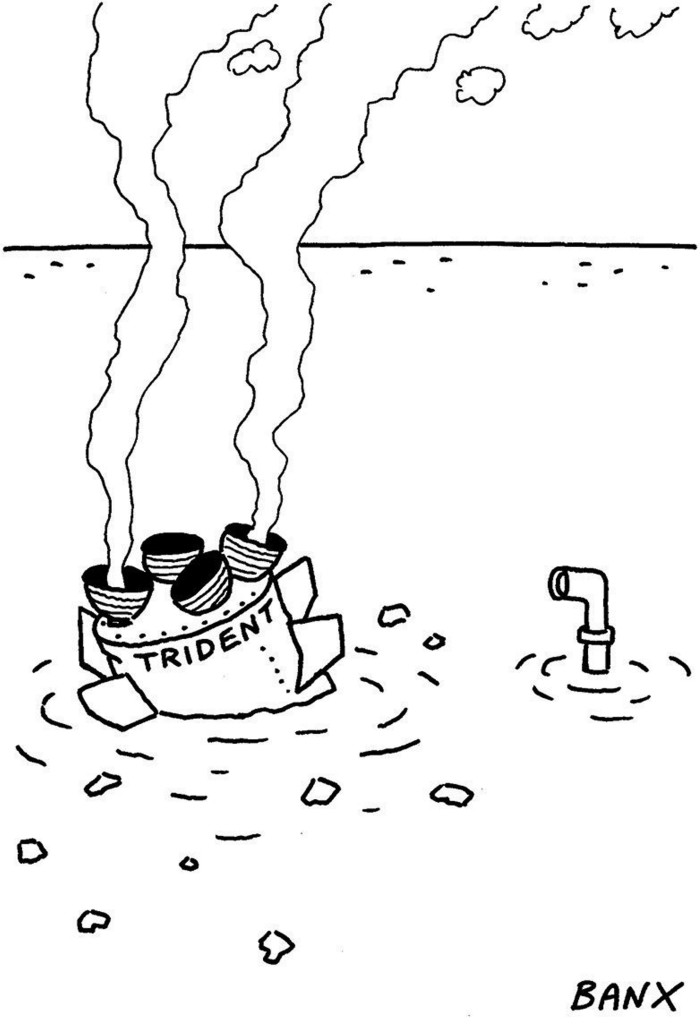 Cartoon showing wreckage of Trident missile with submarine periscope watching it