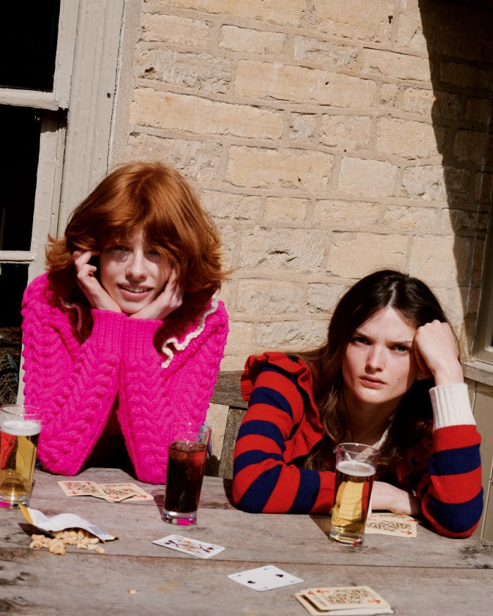 From left: Edwina wears Philosophy wool jumper, £910. Primrose wears Philosophy cashmere jumper, £365