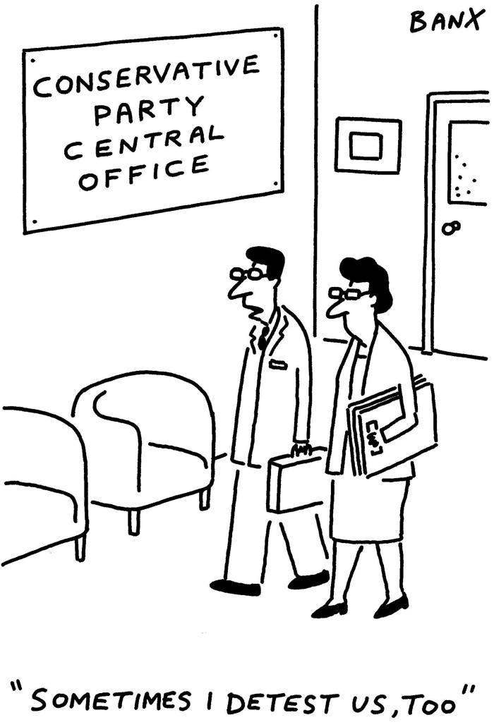 Cartoon of a man and woman walking together in a room with a sign on the wall that says ‘Conservative Party central office’