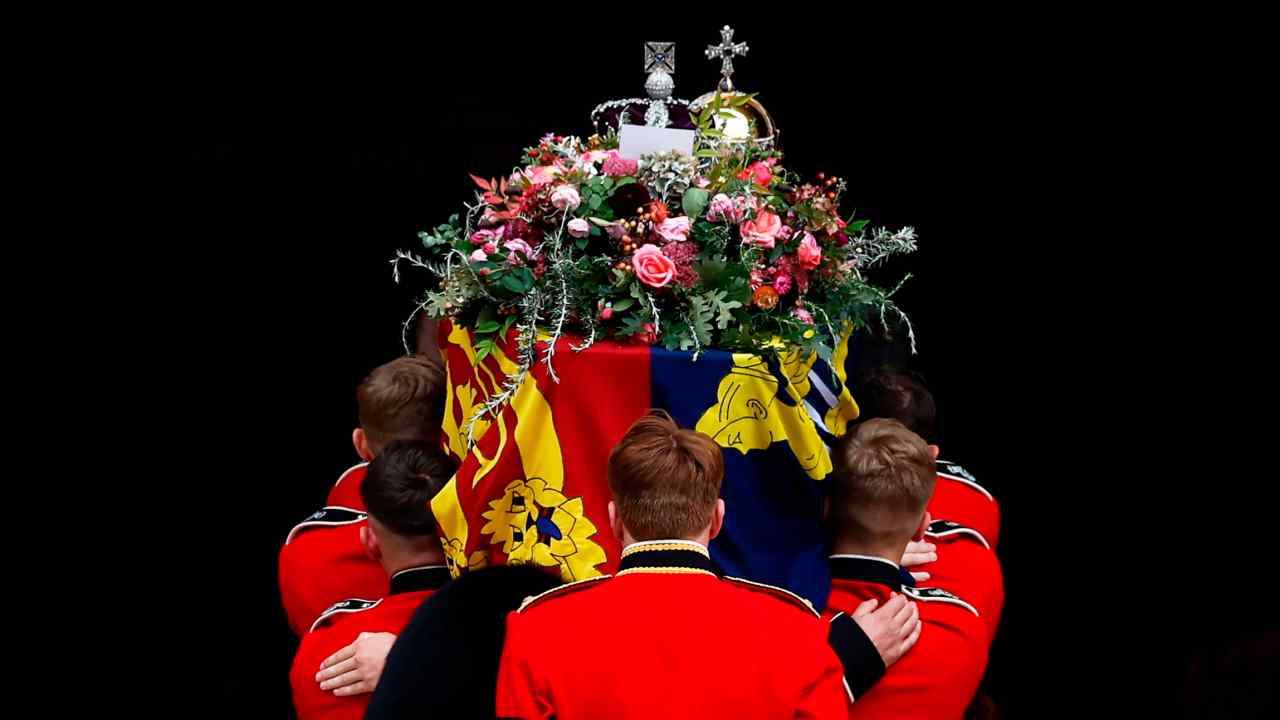 The bearer party carries the coffin of Queen Elizabeth II into St George’s Chapel, Windsor