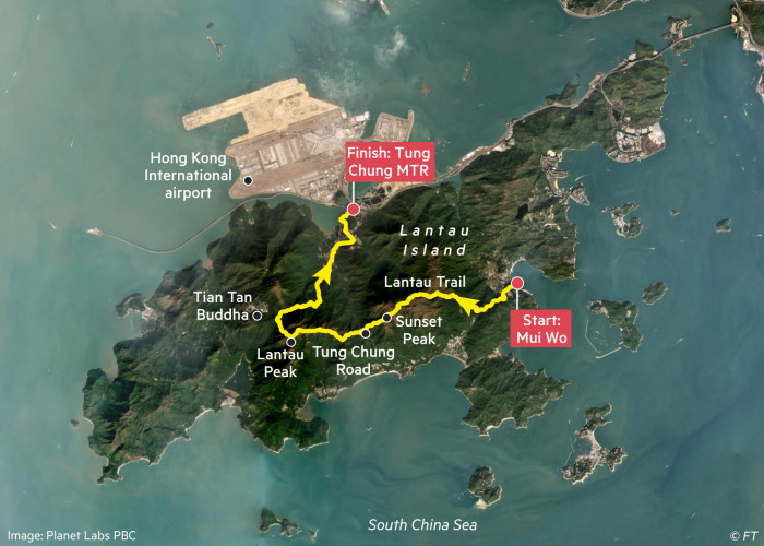 Globetrotter map showing running route from Mui Wo to Tung Chung on Lantau Island, Hong Kong