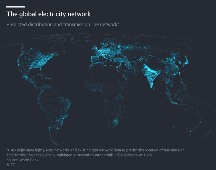 The global electricity network. Map showing predicted distribution and transmission line network. Uses night-time lights, road networks and existing grid network data to predict the location of transmission and distribution lines globally. Validated in several countries with ~70% accuracy at 1 km