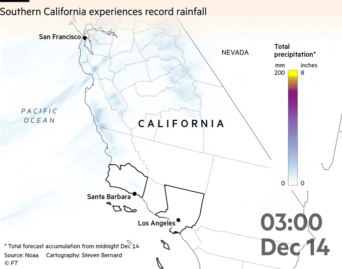 Southern California experiences record rainfall. Mao animation showing forecast rainfall for Dec 14 and 15.  Up 200mm (8 inches) of rain fell in parts of Los Angeles and Santa Barbara counties in a little over 24 hours