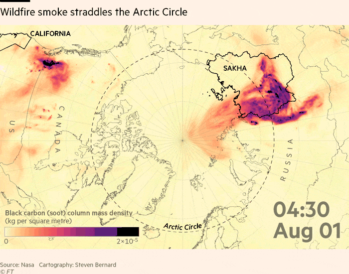 Map animation showing how wildfire smoke from Siberia straddled the Arctic Circle in early August. Map animation showing Black carbon column mass density (kg per square metre) during the first 10 days in August this year. 