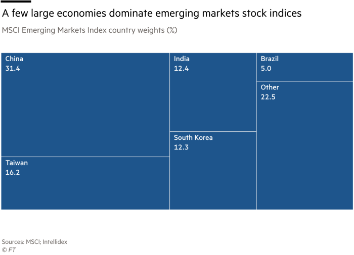 A treemap chart showing MSCI Emerging Markets index country weights