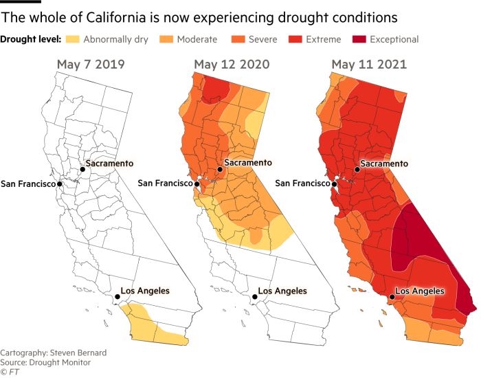 The whole of California is now experiencing drought conditions. Series of maps showing California's drought levels over the same week in 2019, 2020 and 2021